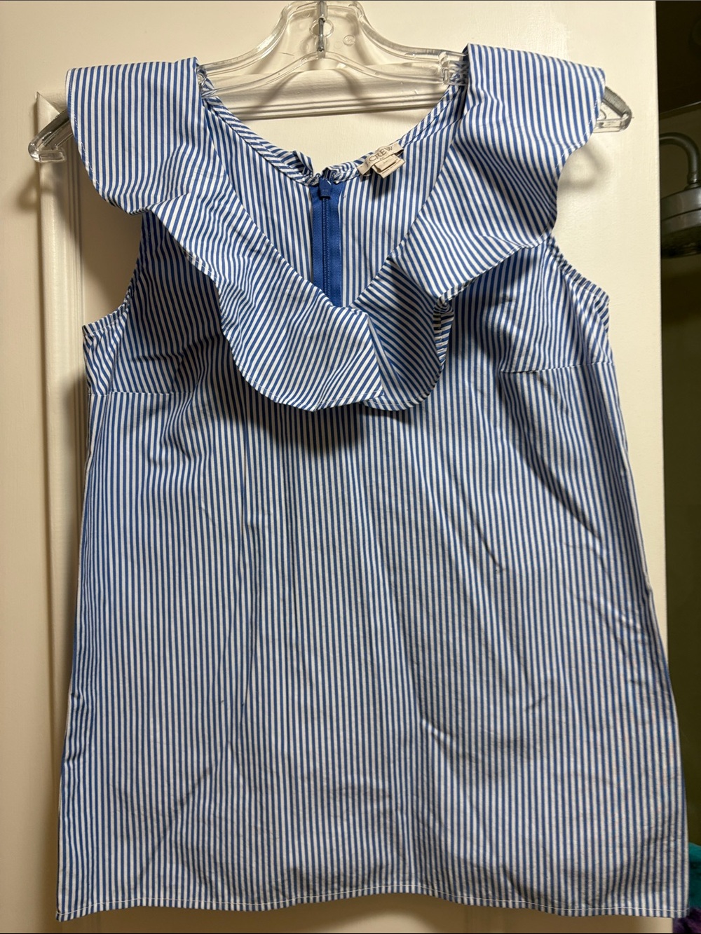J. Crew Blue and White Striped Ruffle-Trim Tank